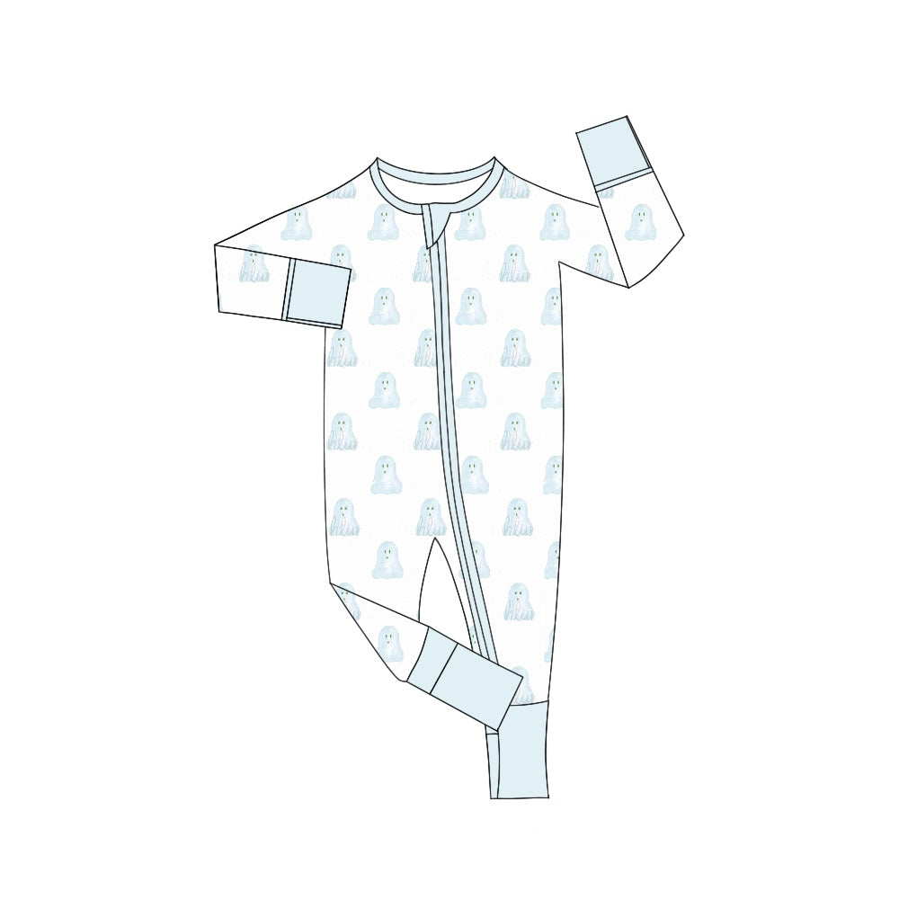 (Custom Design Preorder MOQ 5) Ghost Print Baby Boys Halloween Sleeper Zipper Romper