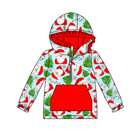 (Custom Design Preorder MOQ 5) Santa Print Girls Christmas Hoodie Zipper Tops