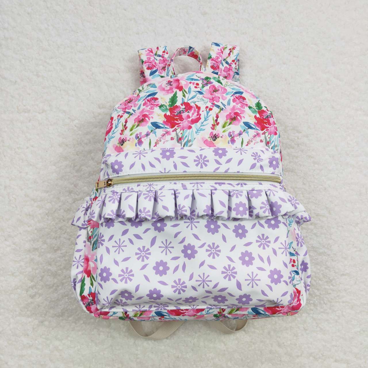 Purple Flowers Print Backpack Lunch Boxes Girls Back to School Bags