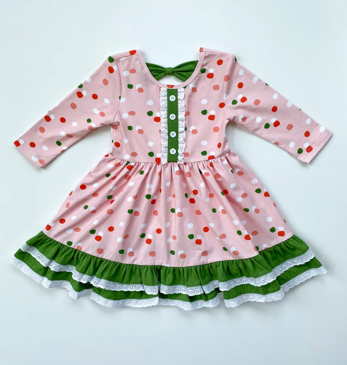 (Custom Design Preorder MOQ 5)  Green Red Dots Print Girls Christmas Knee Length Dress