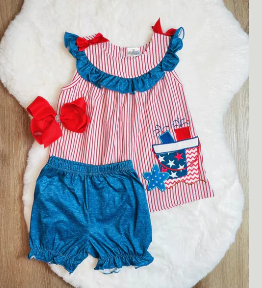 (Custom Design Preorder MOQ 5) Fireworks Star Top Blue Shorts Girls 4th of July Clothes Set