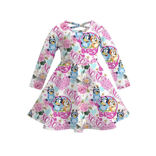(Custom Design Preorder MOQ 5) Cartoon Dog Flowers XOXO Print Girls Valentine's Day Knee Length Dress