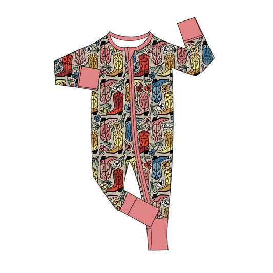 (Custom Design Preorder MOQ 5)  Boots Flowers Print Baby Girls Western Bamboo Sleeper Zipper Romper