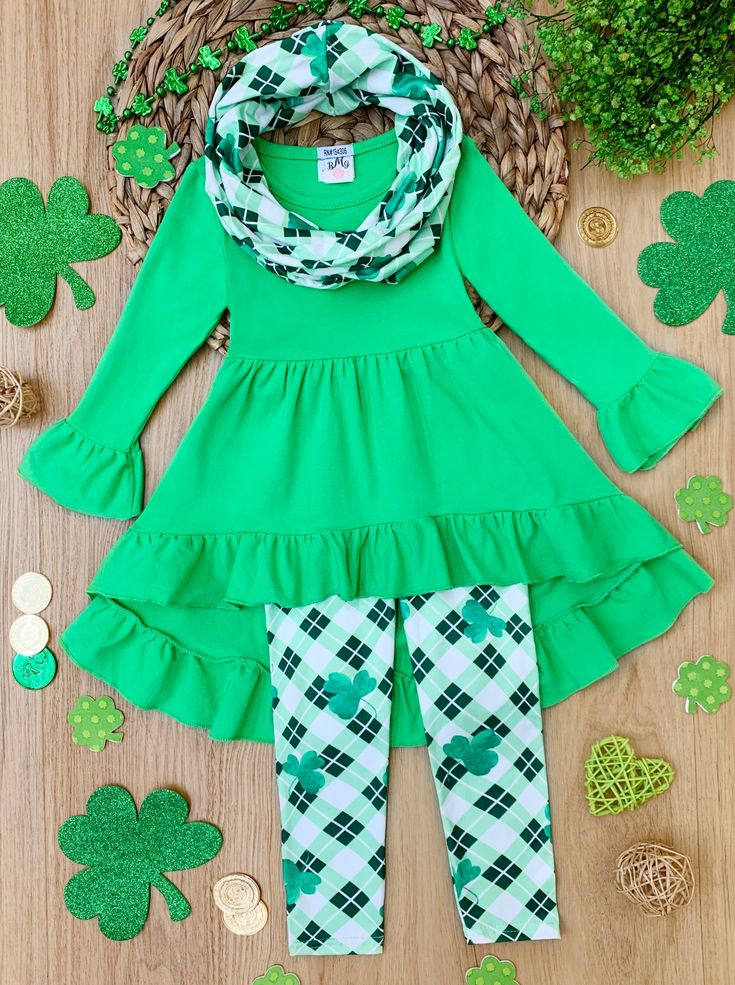 (Custom Design MOQ 5)  Girls Green St. Patrick's Hi-low Outfits 3 Pieces Clothes set