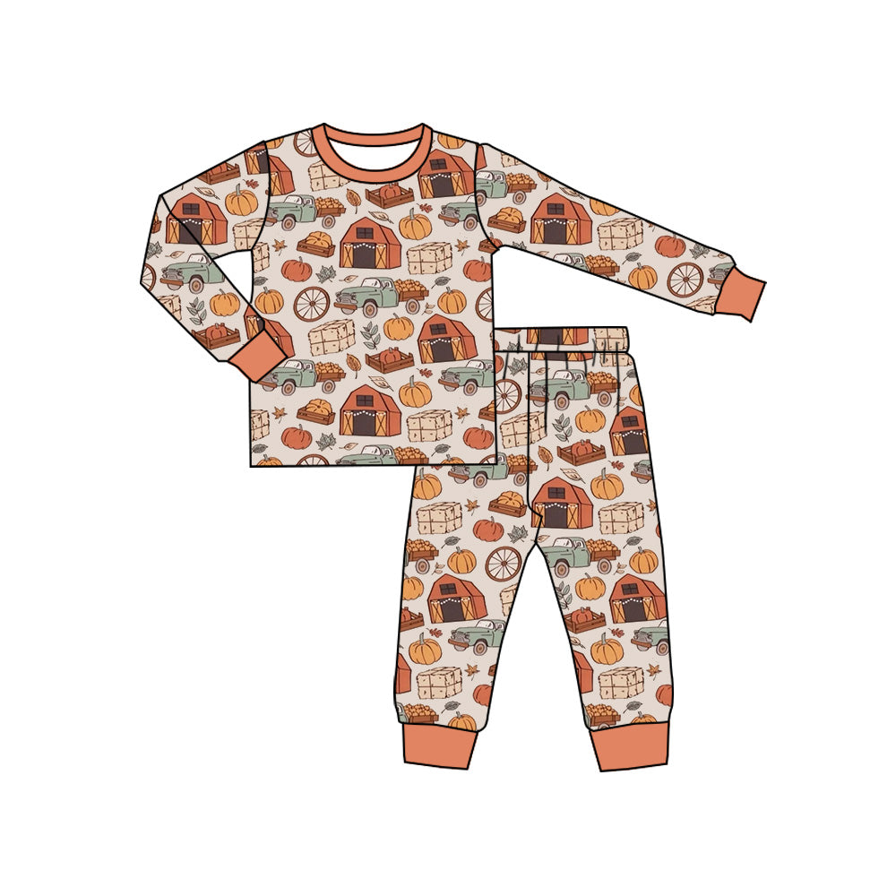 (Custom Design Preorder MOQ 5) Farm Pumpkin Print Boys Fall Pajamas Clothes Set