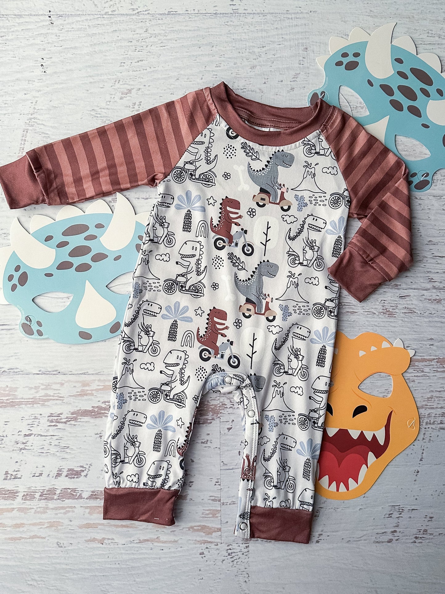 (Custom Design Preorder MOQ 5) Dino Print Baby Boys Fall Romper