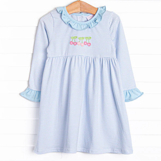 (Custom Design Preorder MOQ 5) Cherry Blue Stripes Print Girls Fall Knee Length Dress