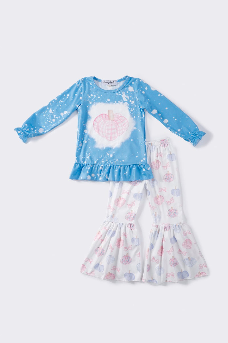 (Custom Design Preorder MOQ 5) Pumpkin Blue Tunic Top Bows Bell Pants Girls Fall Clothes Set