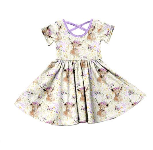 (Custom Design Preorder MOQ 5) Highland Cow Flowers Print Girls Knee Length Dress