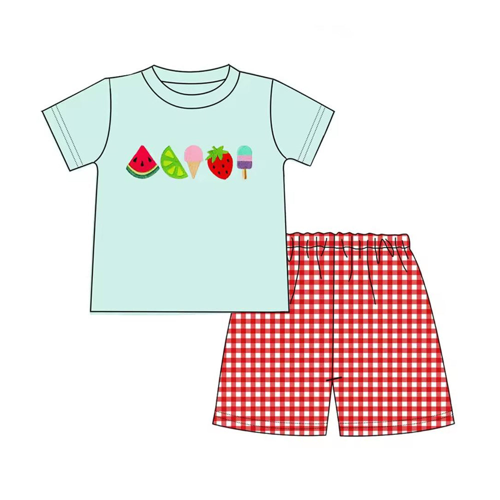 (Custom Design Preorder MOQ 5) Fruits Top Plaid Shorts Boys Summer Clothes Set