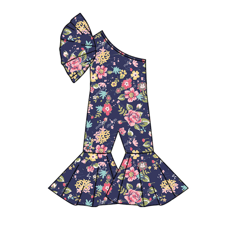 (Custom Design Preorder MOQ 5) Flowers Navy Print Girls One Shoulder Jumpsuits