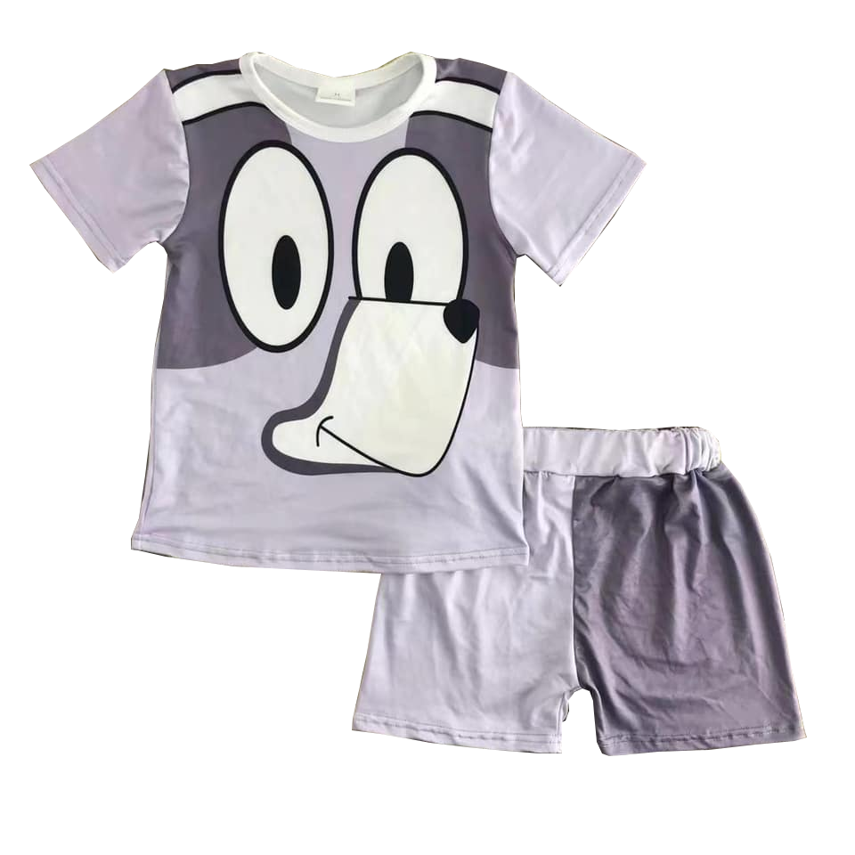 (Custom Design Preorder MOQ 5)  Cartoon Dog Grey Print Kids Summer Clothes Set