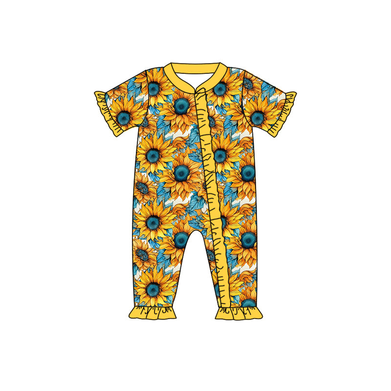 (Custom Design Preorder MOQ 5) Sunflowers Print Baby Girls Zipper Romper