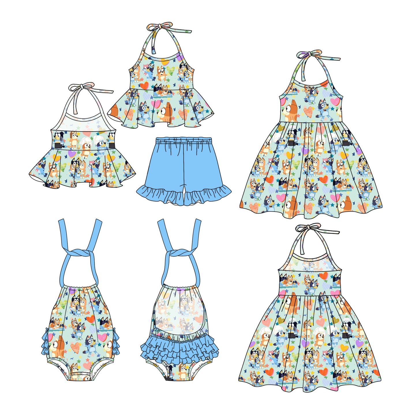 1.4(Custom Design Preorder MOQ 5 Each Design) Cartoon Dog Blue Print Girls Summer Matching Clothes Sisters Wear