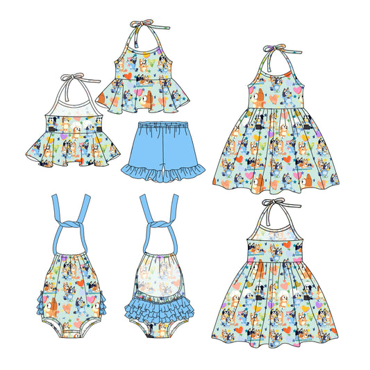 1.4(Custom Design Preorder MOQ 5 Each Design) Cartoon Dog Blue Print Girls Summer Matching Clothes Sisters Wear