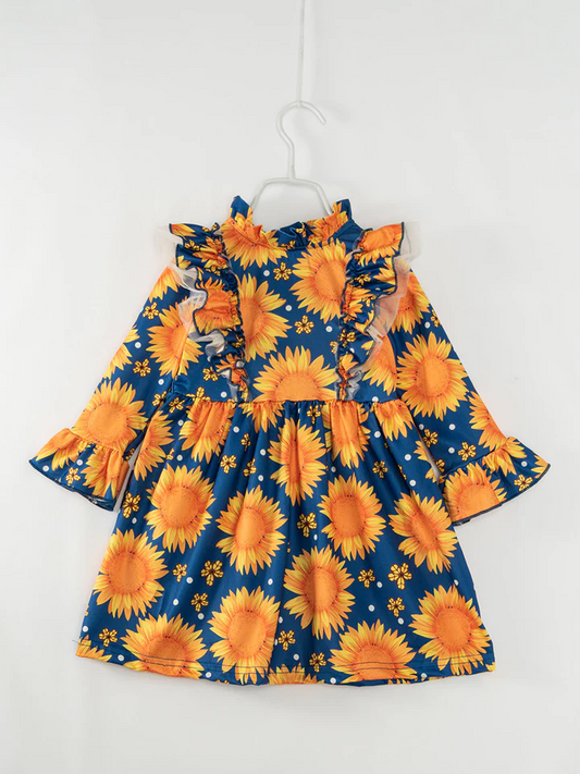 (Custom Design Preorder MOQ 5) Sunflowers Print Girls Knee Length Fall Dress