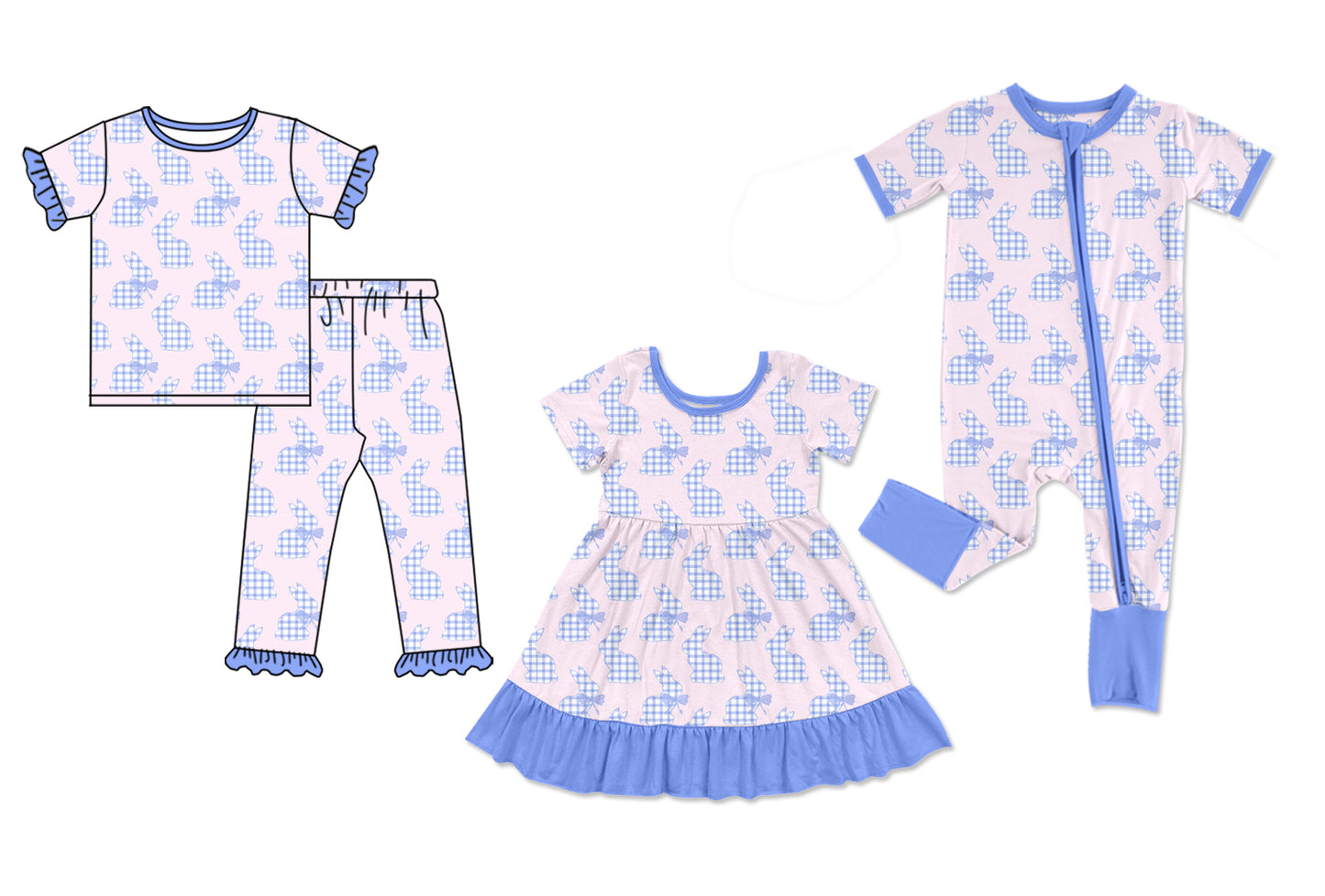 12.4 (Custom Design Preorder MOQ 5 Each Design) Bunny Bows Print Girls Easter Matching Clothes Sisters Wear