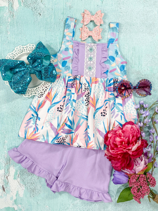 (Pre-order) Colorful Leaf Tunic Top Purple Shorts Girls Summer Clothes Set
