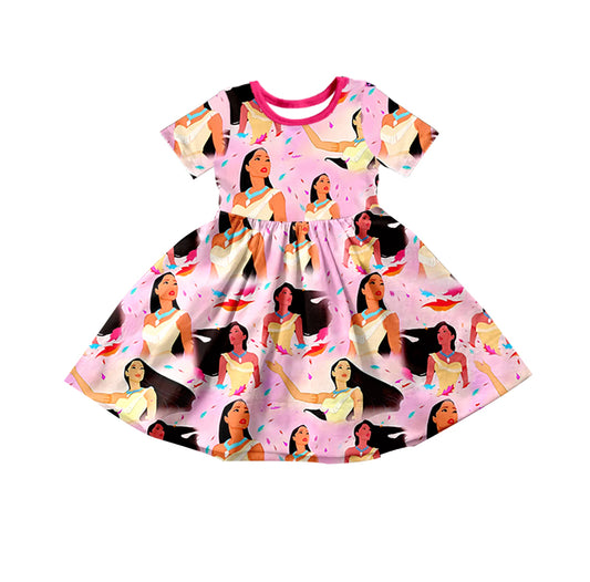 (Custom Design Preorder MOQ 5) Pink Cartoon Princess Print Girls Knee Length Summer Dress
