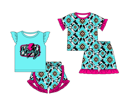 3.6(Custom Design Preorder MOQ 5 Each Design) Howdy Aztec Print Girls Summer Matching Clothes Sisters Wear