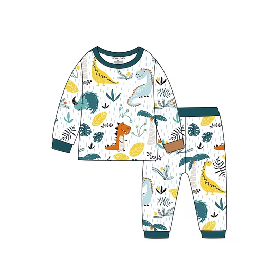 (Custom Design Preorder MOQ 5) Dino Print Boys Bamboo Pajamas Clothes Set