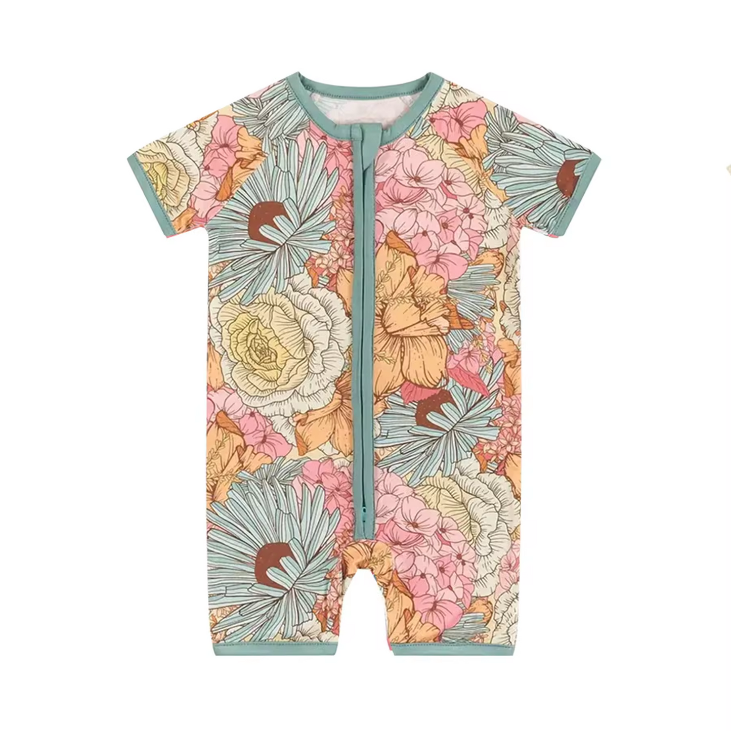 (Custom Design Preorder MOQ 5) Flowers Print Baby Girls Summer Zipper Romper