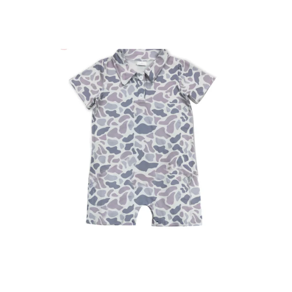 (Custom Design Preorder MOQ 5) Grey Camo Print Baby Boys Summer Romper