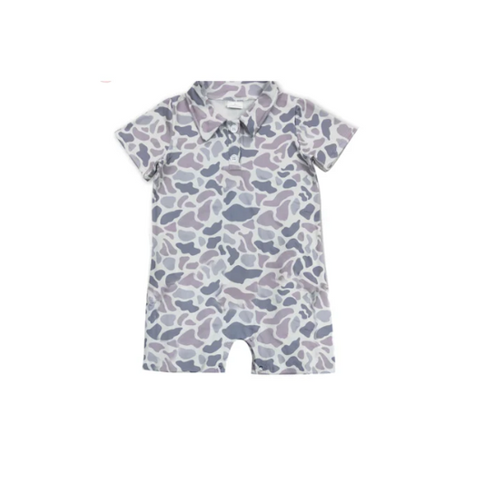 (Custom Design Preorder MOQ 5) Grey Camo Print Baby Boys Summer Romper