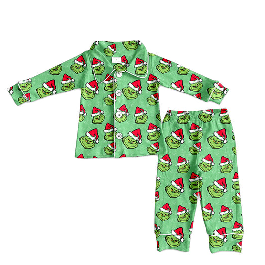 (Custom Design Preorder MOQ 5) Green Frog Print Boys Christmas Buttons Pajamas Clothes Set