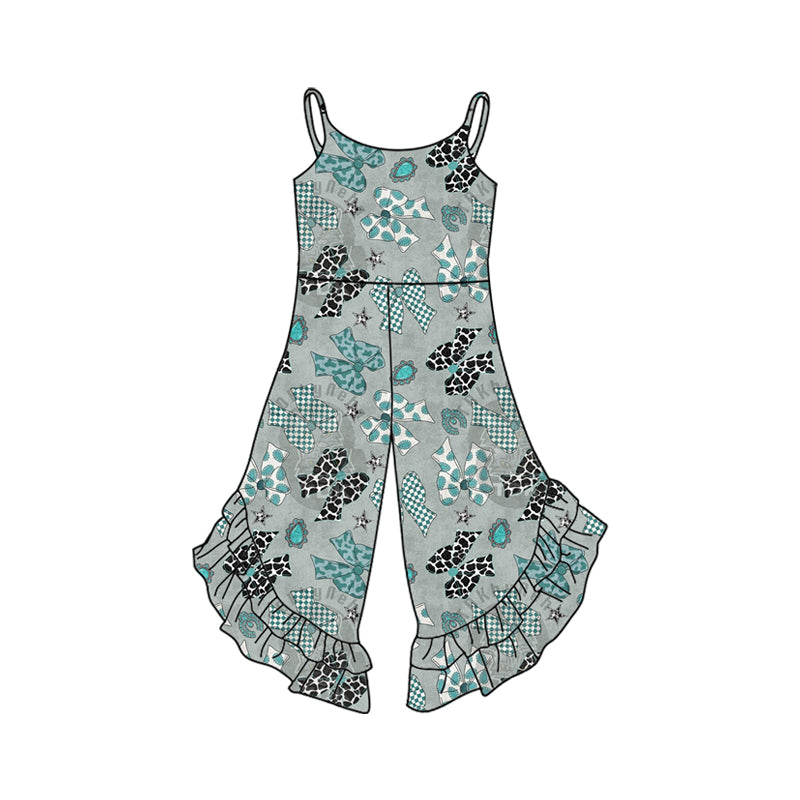 2.26(Custom Design Preorder MOQ 5) Turquoise Bows Grey Print Girls Summer Jumpsuits