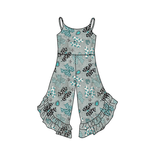 2.26(Custom Design Preorder MOQ 5) Turquoise Bows Grey Print Girls Summer Jumpsuits