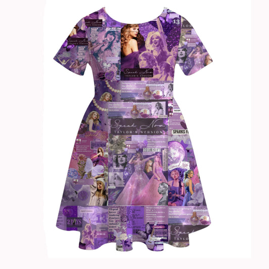 (Custom Design Preorder MOQ 5)  Singer Swiftie Purple Print Girls Knee Length Summer Dress