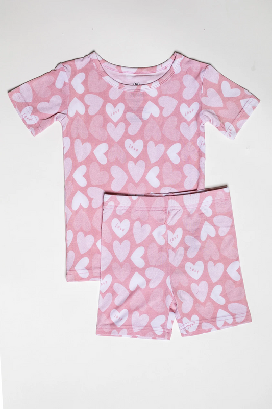 (Custom Design Preorder MOQ 5) Pink Heart Love Print Shorts Girls Valentine's Day Pajamas Clothes Set