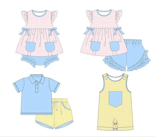 (Custom Design Preorder MOQ 5 Each Design) Pink Yellow Plaid Print Kids Summer Matching Clothes Sibling Wear