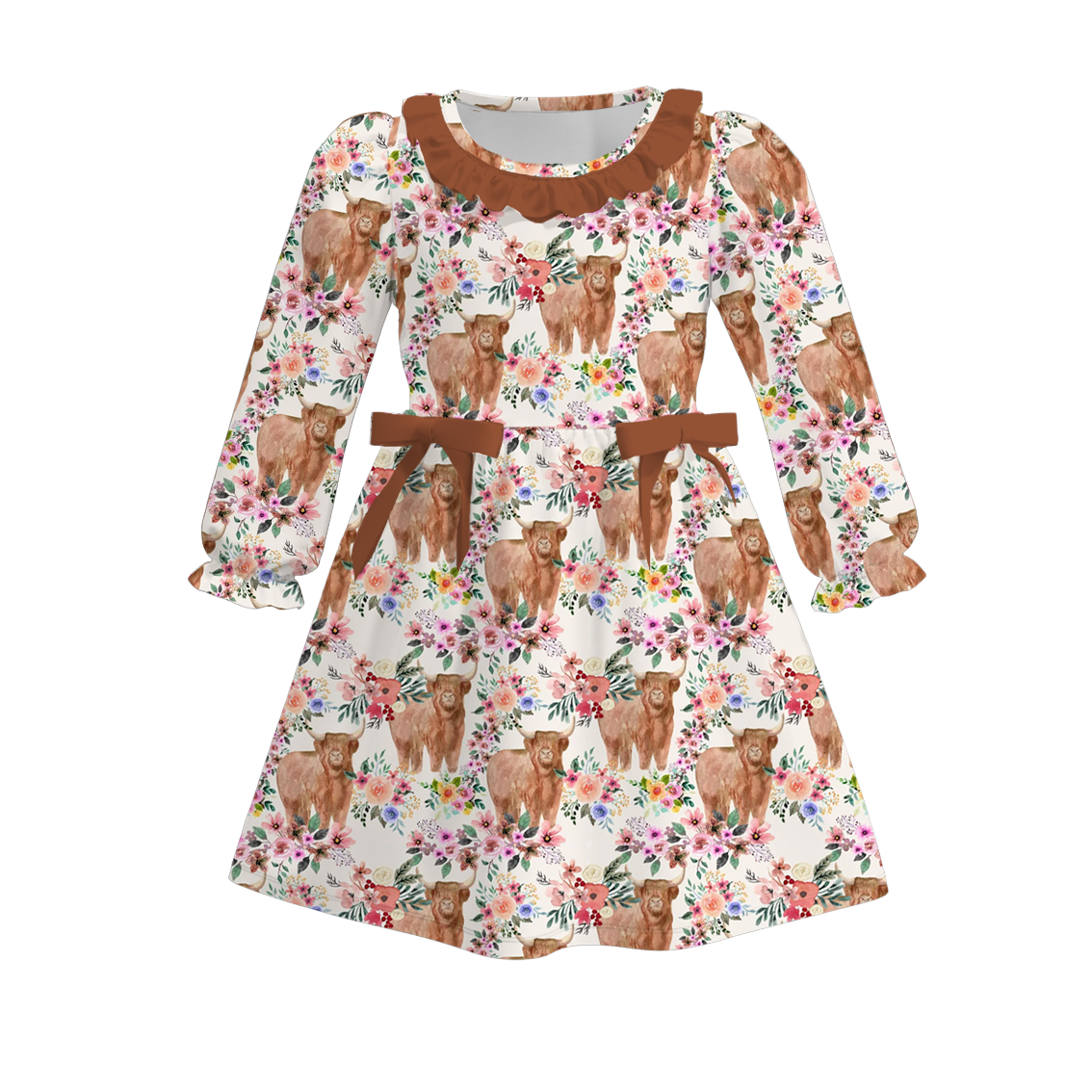 (Custom Design Preorder MOQ 5) Highland Cow Flowers Print Girls Knee Length Fall Dress