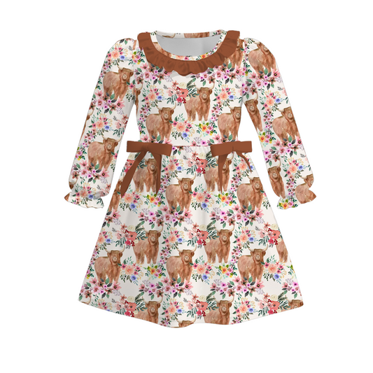 (Custom Design Preorder MOQ 5) Highland Cow Flowers Print Girls Knee Length Fall Dress