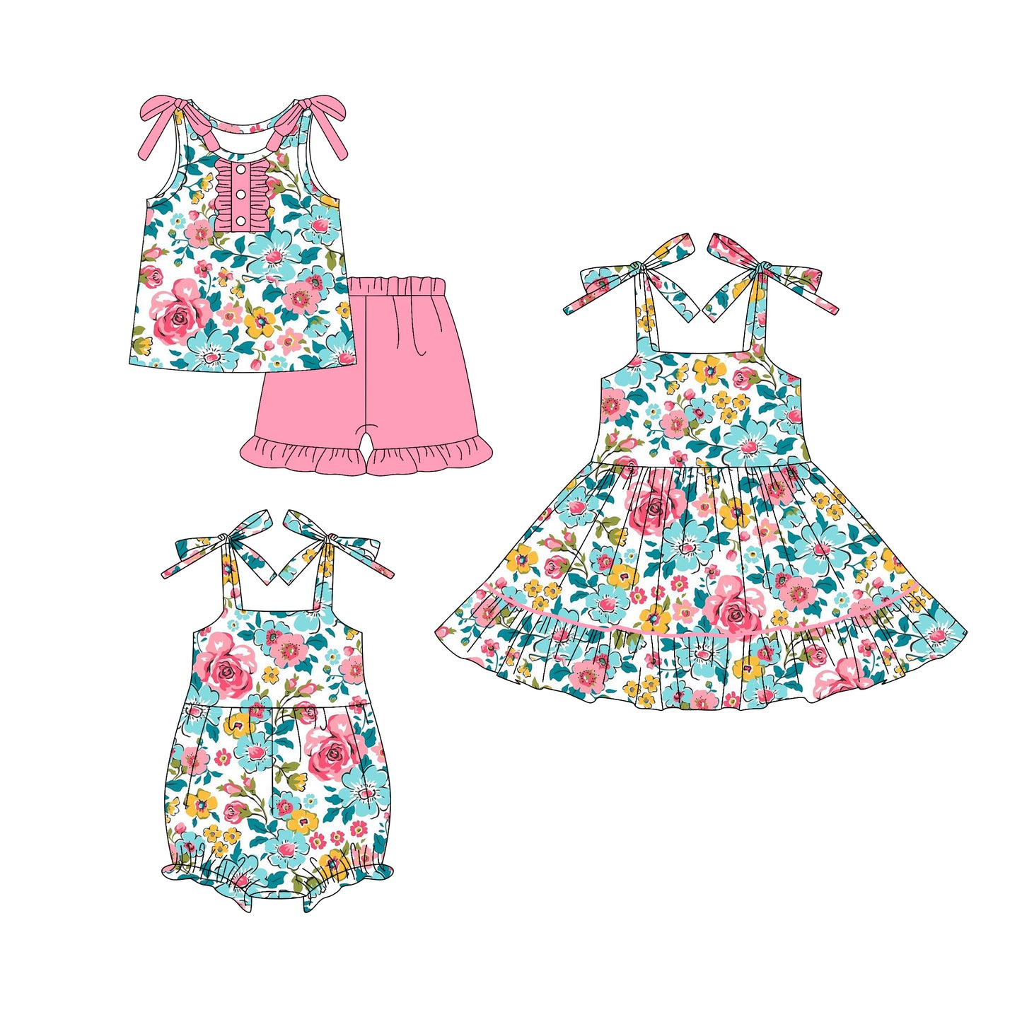 5.24(Custom Design Preorder MOQ 5 Each Design) Colorful Flowers Print Girls Summer Matching Clothes Sisters Wear