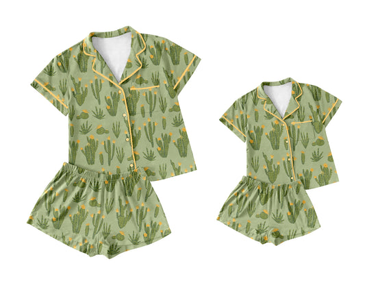 12.10(Custom Design Preorder MOQ 5 Each Design) Cactus Green Print Buttons Pajamas Sets Mom and Me Summer Matching Clothes