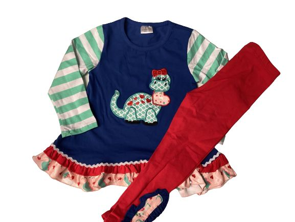 (Custom Design MOQ 5)  Dinosaur Heart Ruffles Top Legging Pants Valentine's Girls Clothes set