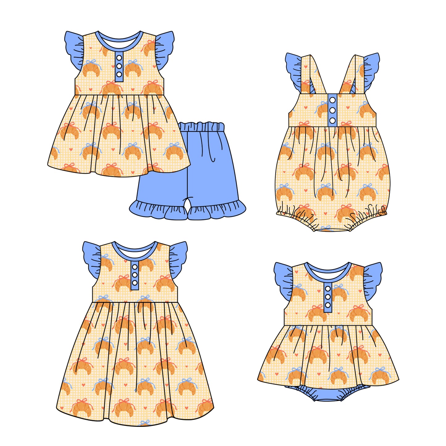 11.16(Custom Design Preorder MOQ 5 Each Design) Bread Bows Print Girls Summer Matching Clothes Sibling Wear