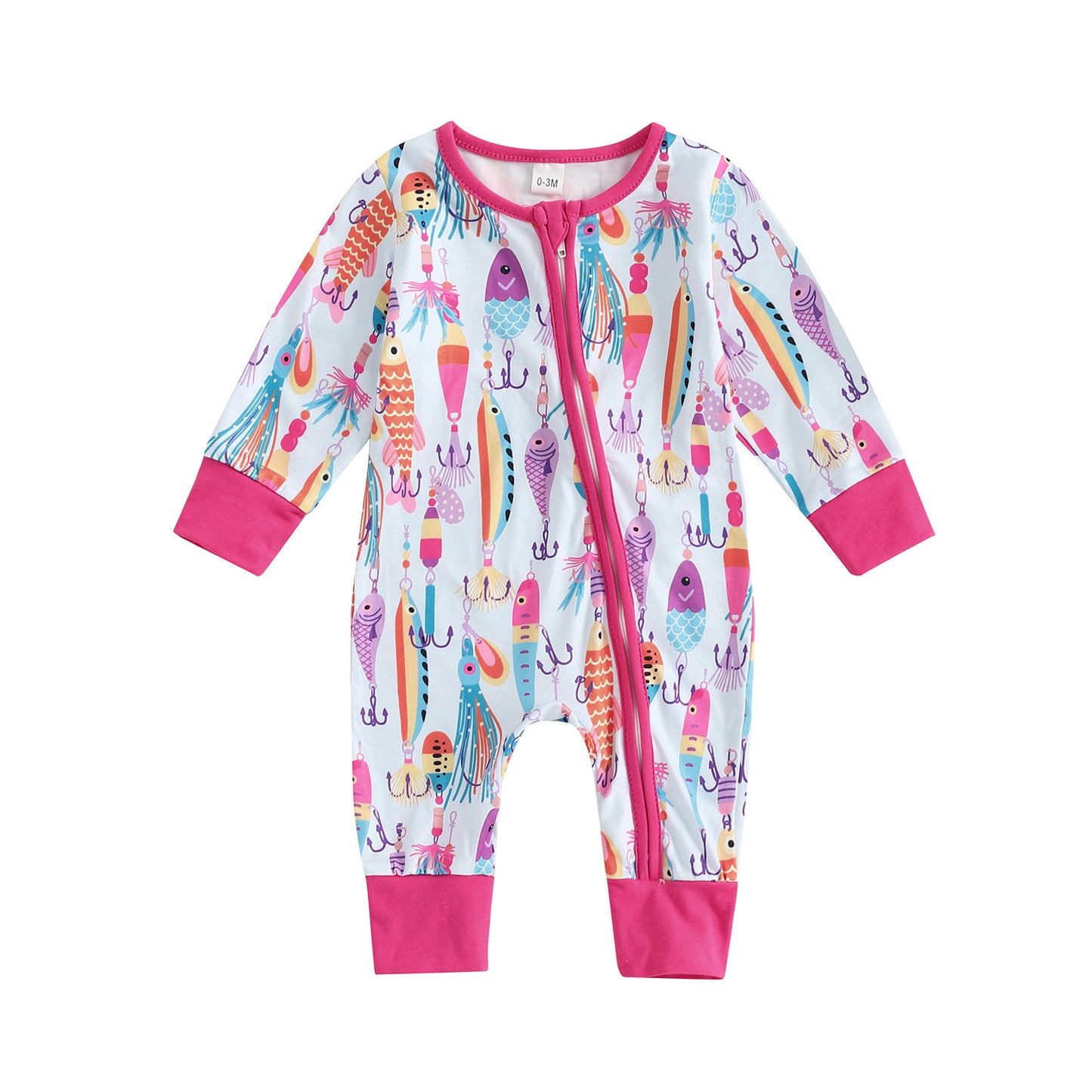 (Custom Design Preorder MOQ 5)  Fishing Pink Print Baby Bamboo Fall Sleeper Zipper Romper