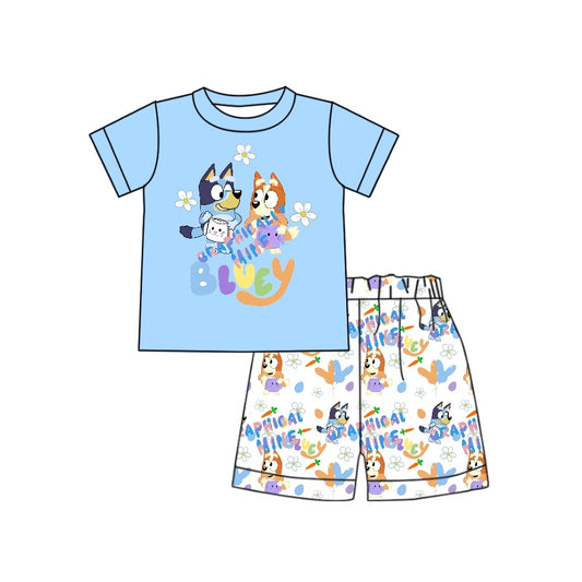 (Custom Design Preorder MOQ 5) Blue Carrot Cartoon Dog Shorts Boys Easter Clothes Set