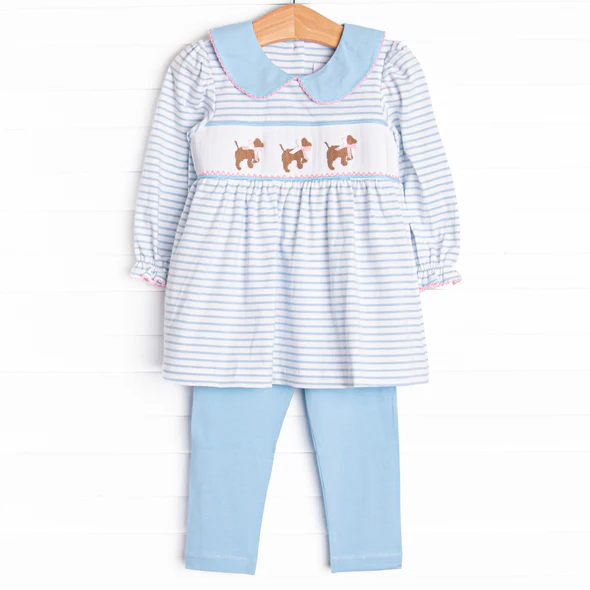 (Custom Design Preorder MOQ 5)  Puppy Stripes Tunic Top Blue Pants Girls Clothes Set