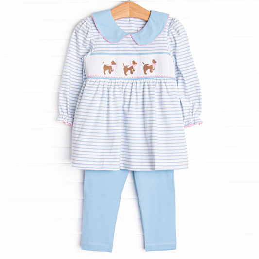 (Custom Design Preorder MOQ 5)  Puppy Stripes Tunic Top Blue Pants Girls Clothes Set