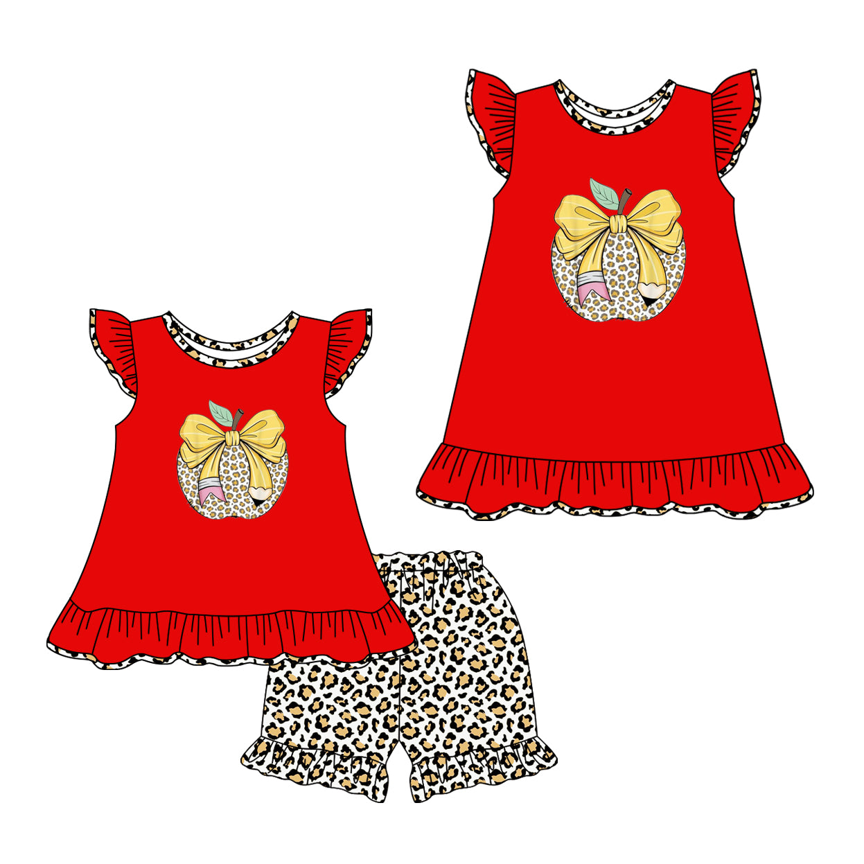 2.7(Custom Design Preorder MOQ 5 Each Design) Apple Leopard Print Girls Back to School Matching Clothes Sisters Wear