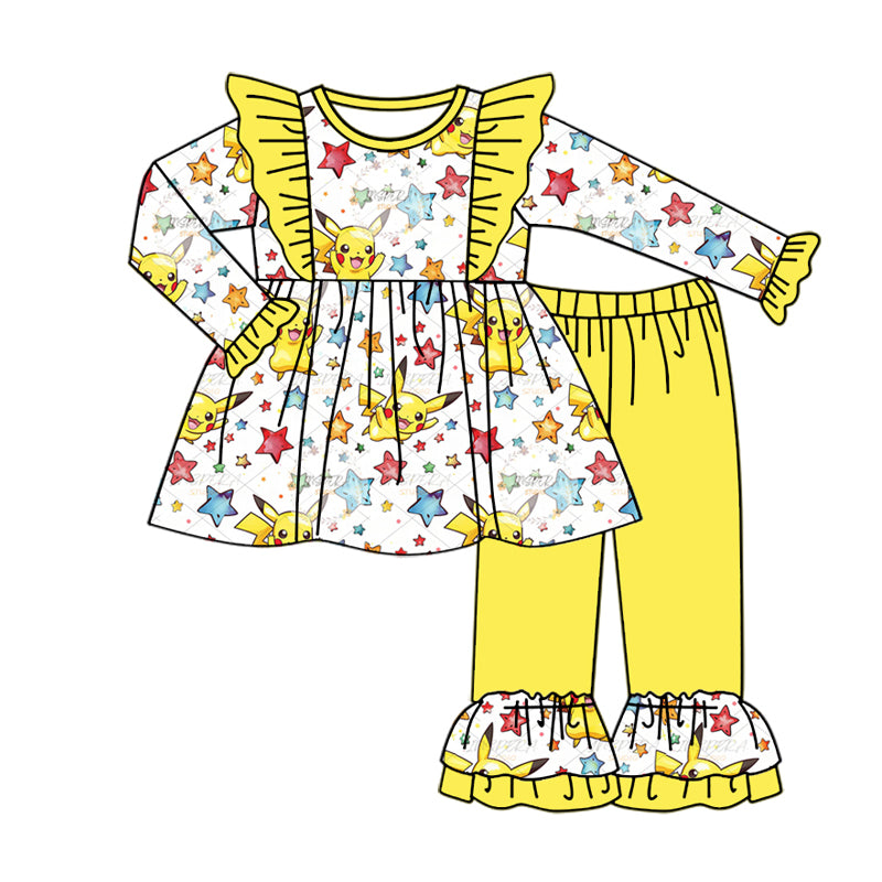 (Custom Design Preorder MOQ 5) Cartoon Animals Stars Tunic Top Yellow Pants Girls Fall Clothes Set