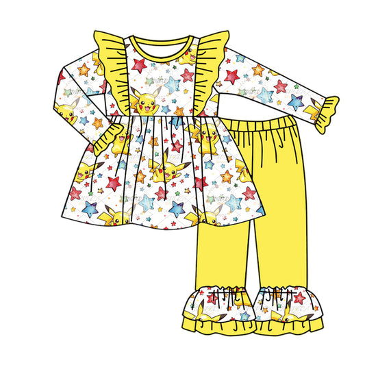 (Custom Design Preorder MOQ 5) Cartoon Animals Stars Tunic Top Yellow Pants Girls Fall Clothes Set