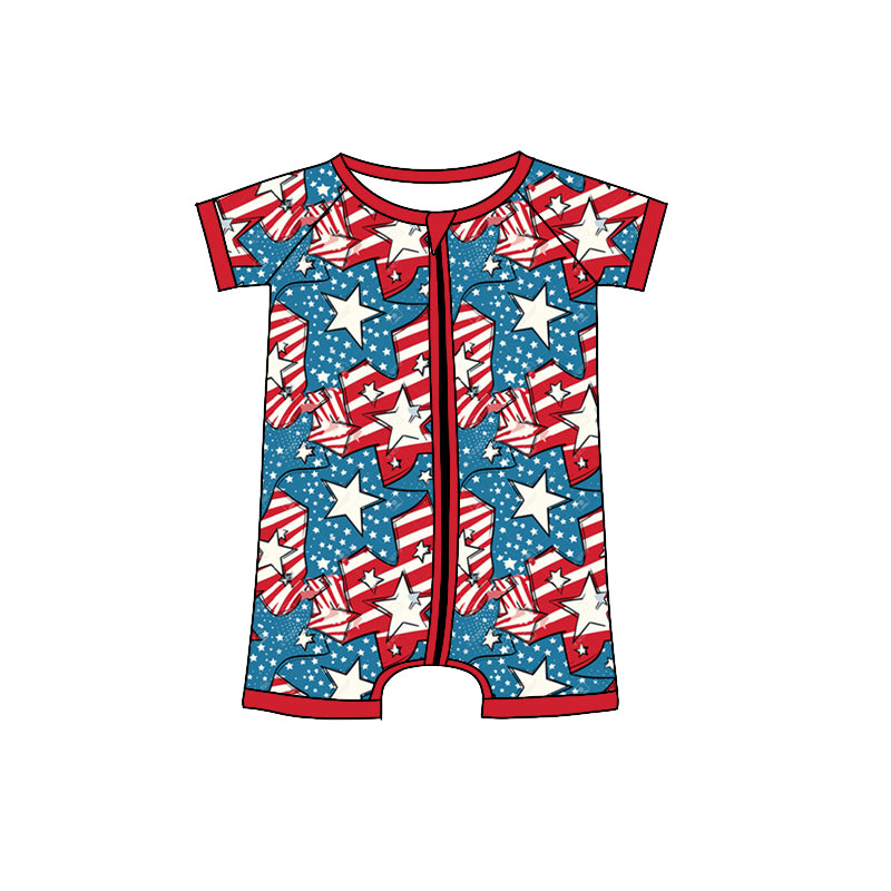 (Custom Design Preorder MOQ 5) Star Flag Print Baby Boys 4th of July Zipper Romper