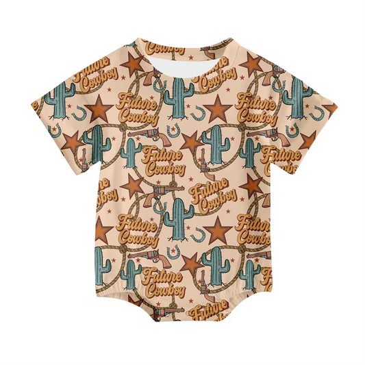 (Custom Design Preorder MOQ 5) Future Cowboy Print Baby Boys Western Summer Romper