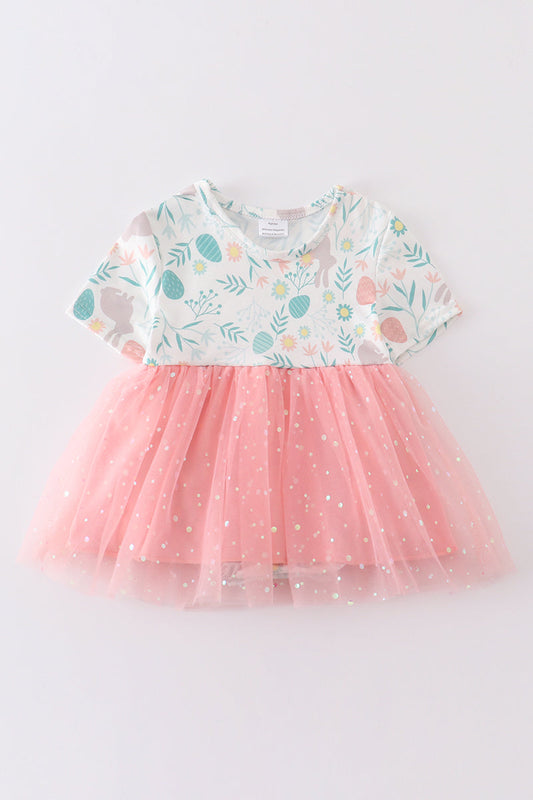 (Custom Design Preorder MOQ 5) Bunny Flowers Print Baby Girls Easter Tulle Romper